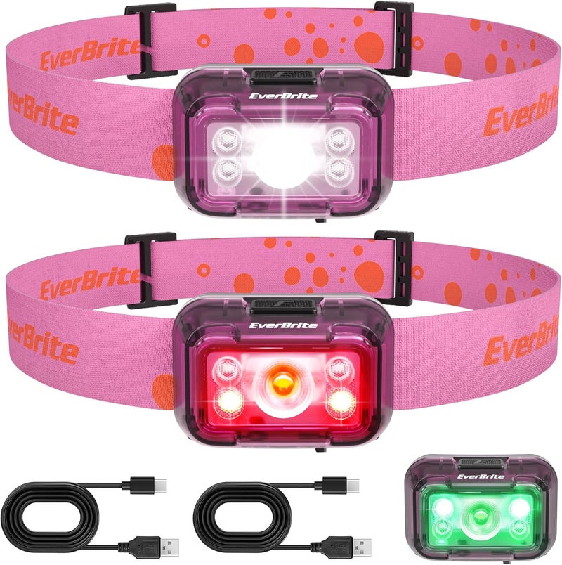 EverBrite Rechargeable Headlamp, 2 Pack Kids Headlamp with White/Red/Green Light and Memory Function, Head Lamp for Adult and Kid with 5 Modes, 120° Adjustable LED Headlamp for Camping, Running-Pink - Image 1